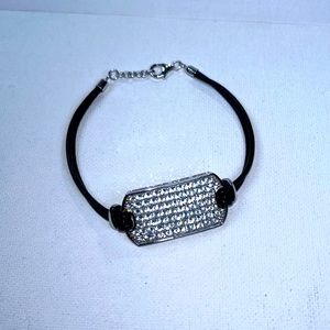 NWOT Sterling Silver CZ Pave Dog Tag & Black Leather Designer Bracelet Modern